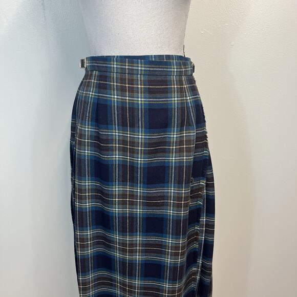 O'Neil of Dublin Wrap Skirt Women's Size 10 Blue Brown Plaid Wool Pleated Fringe - Picture 3 of 11
